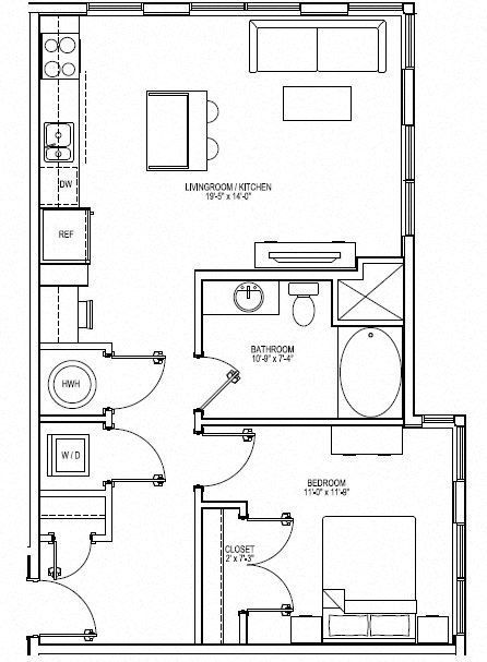 Floor plan for 1 bed, 1 bath, 767 sqft